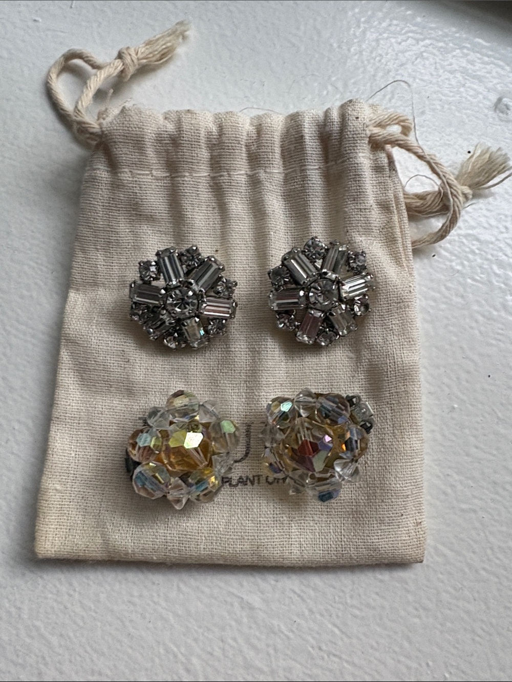 Vintage Crystal Cluster Clip-On Earrings Pair - Silver & Aurora Borealis -2 sets